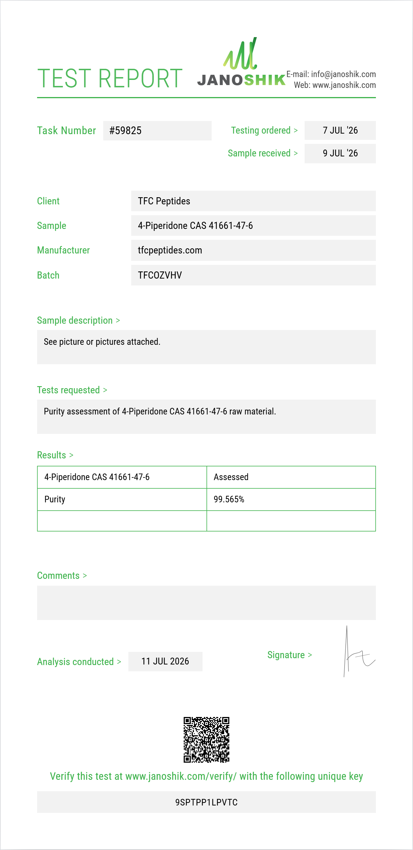 4-Piperidone CAS 41661-47-6 Purity (HPLC) report by Janoshik Analytical