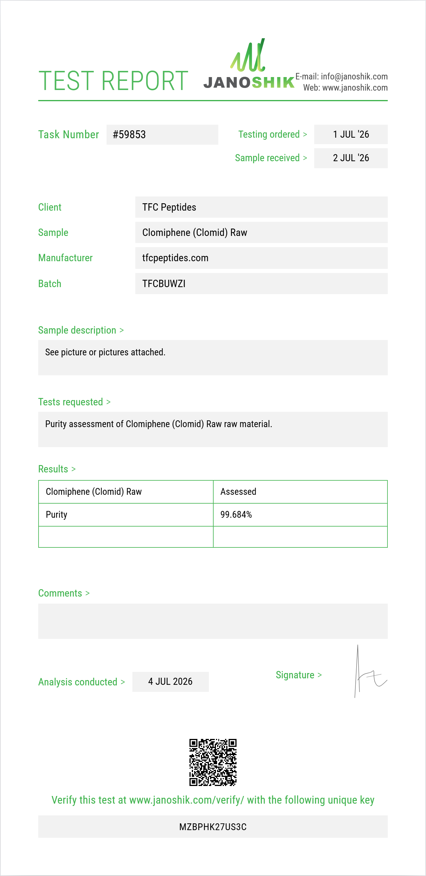 Clomiphene (Clomid) Raw Purity (HPLC) report by Janoshik Analytical