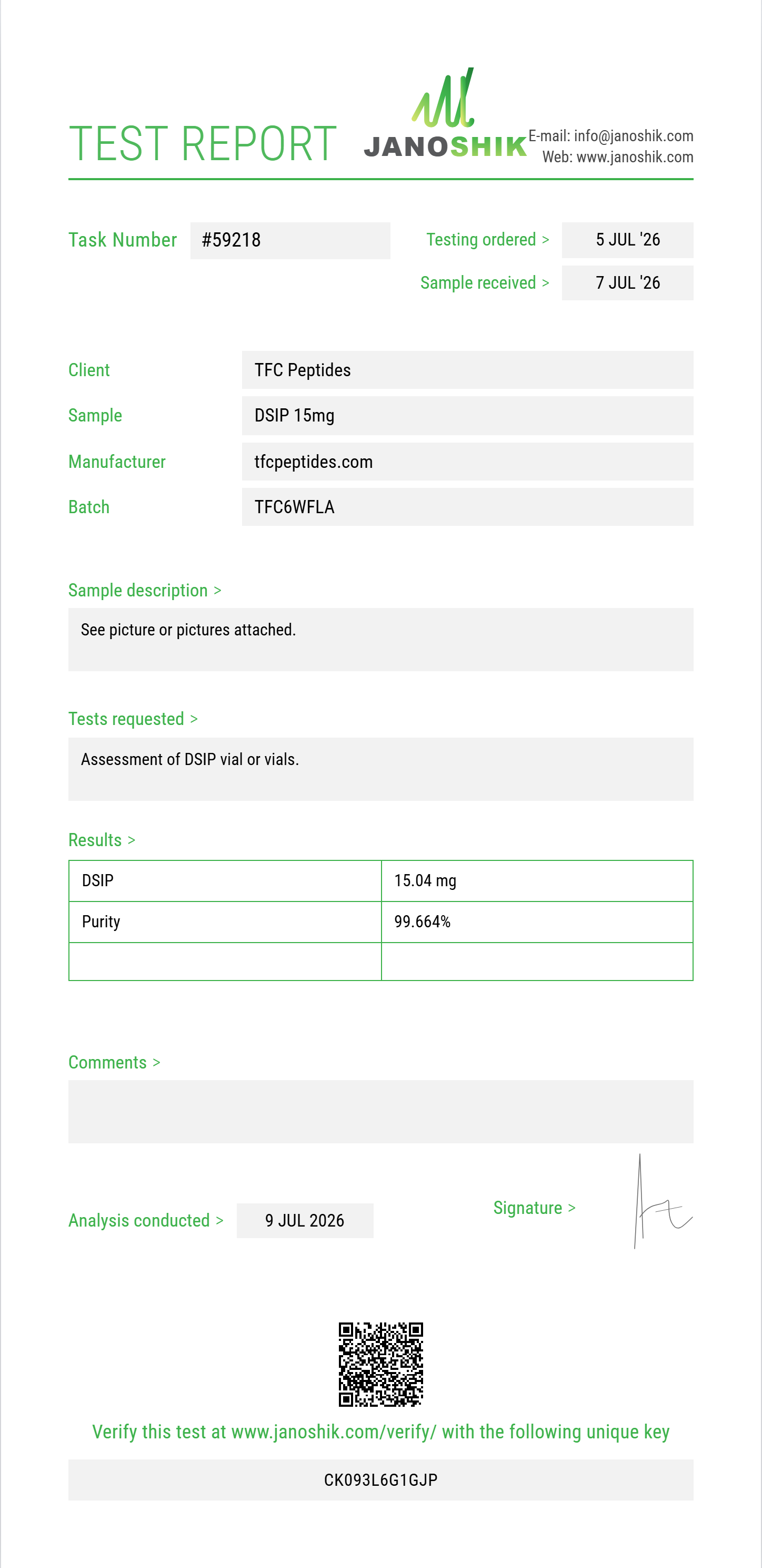 DSIP Purity (HPLC) report by Janoshik Analytical