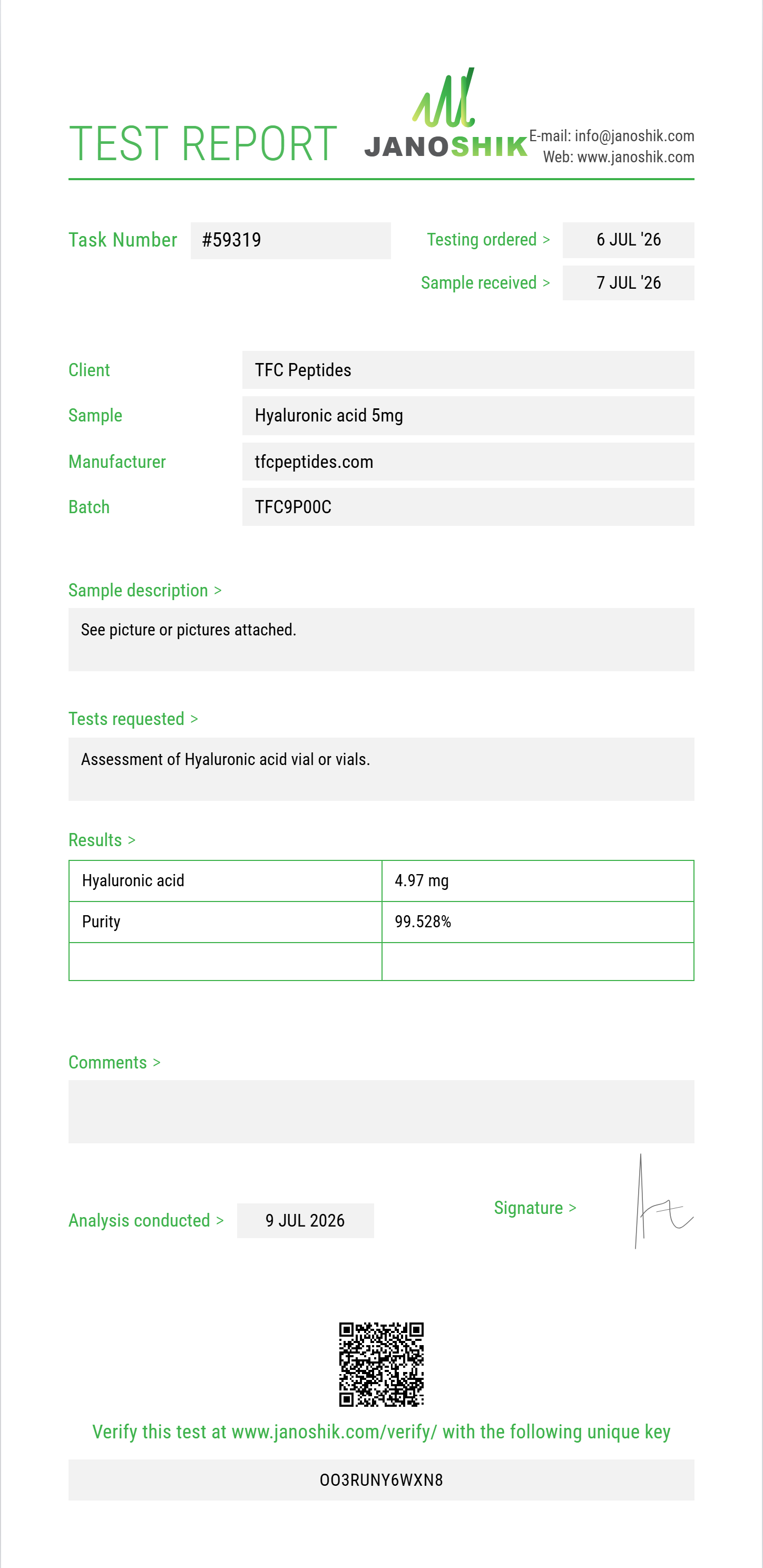 Hyaluronic acid Purity (HPLC) report by Janoshik Analytical