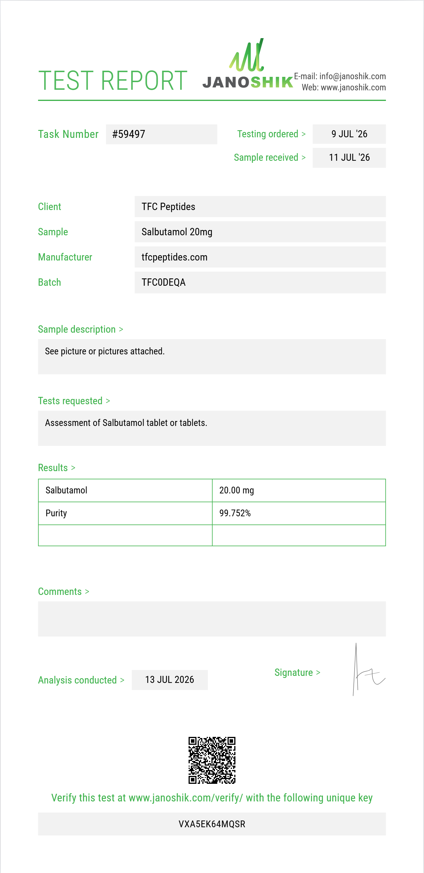 Salbutamol Purity (HPLC) report by Janoshik Analytical