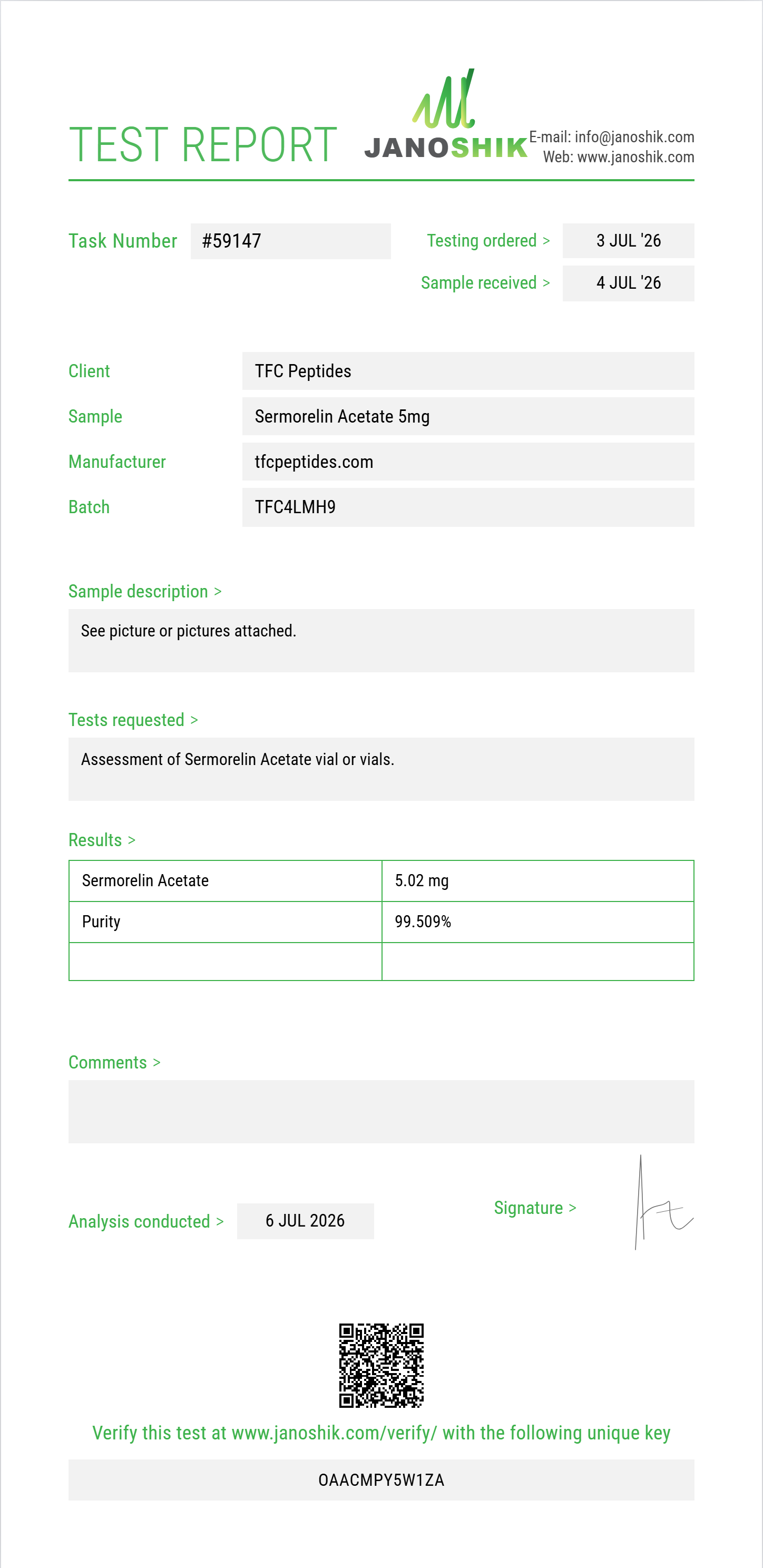 Sermorelin Acetate Purity (HPLC) report by Janoshik Analytical