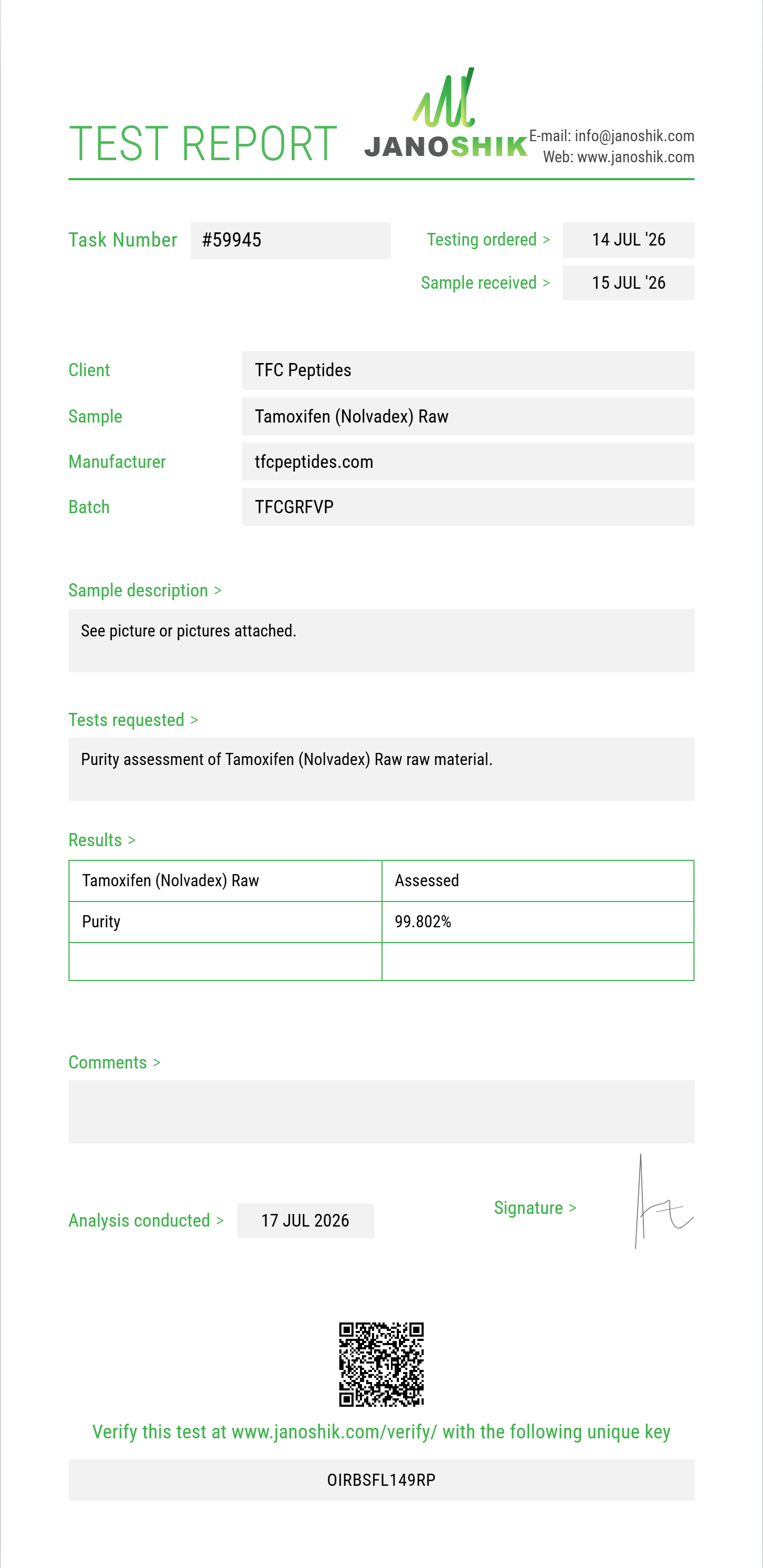 Tamoxifen (Nolvadex) Raw Purity (HPLC) report by Janoshik Analytical