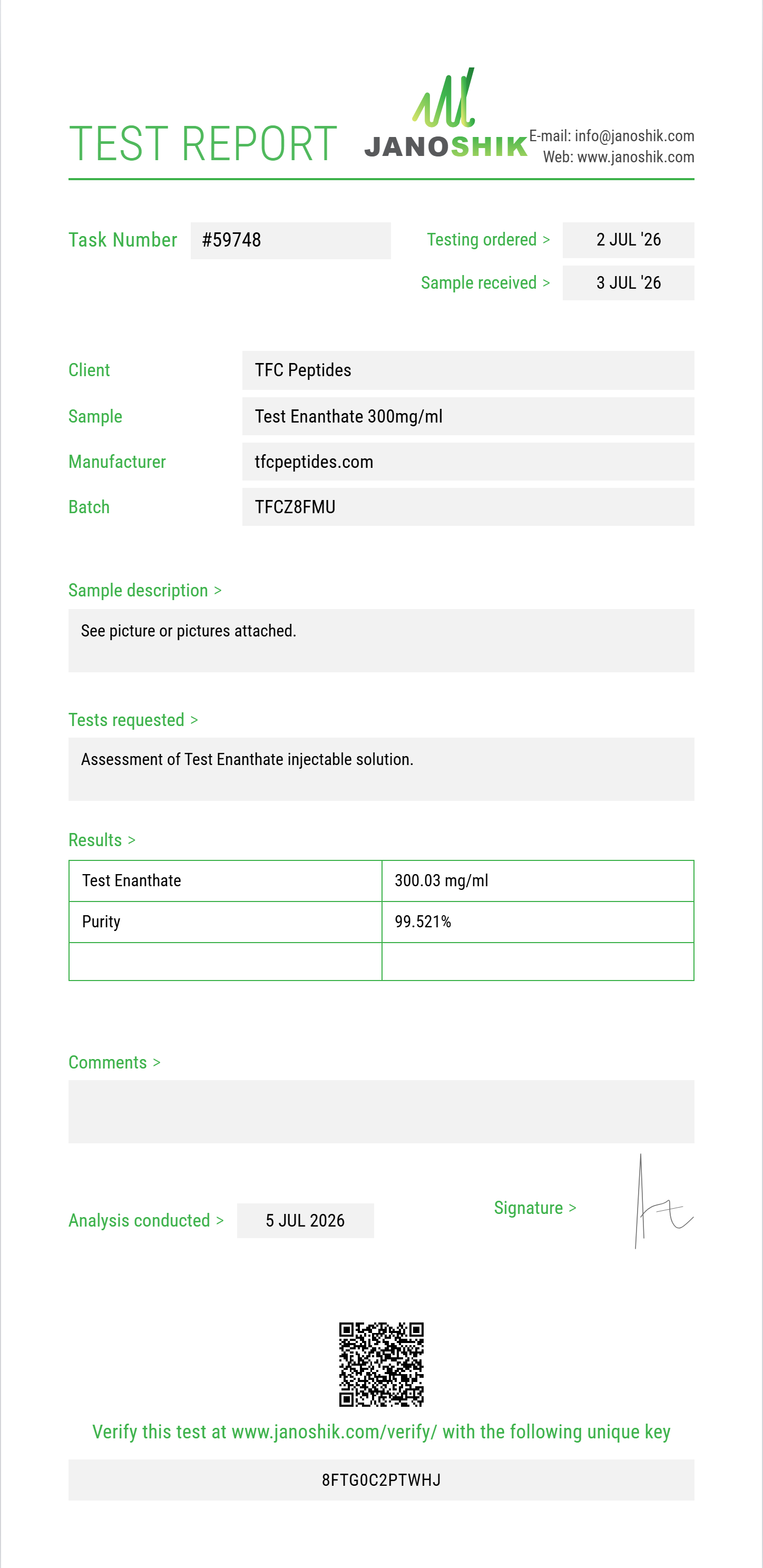 Test Enanthate Purity (HPLC) report by Janoshik Analytical