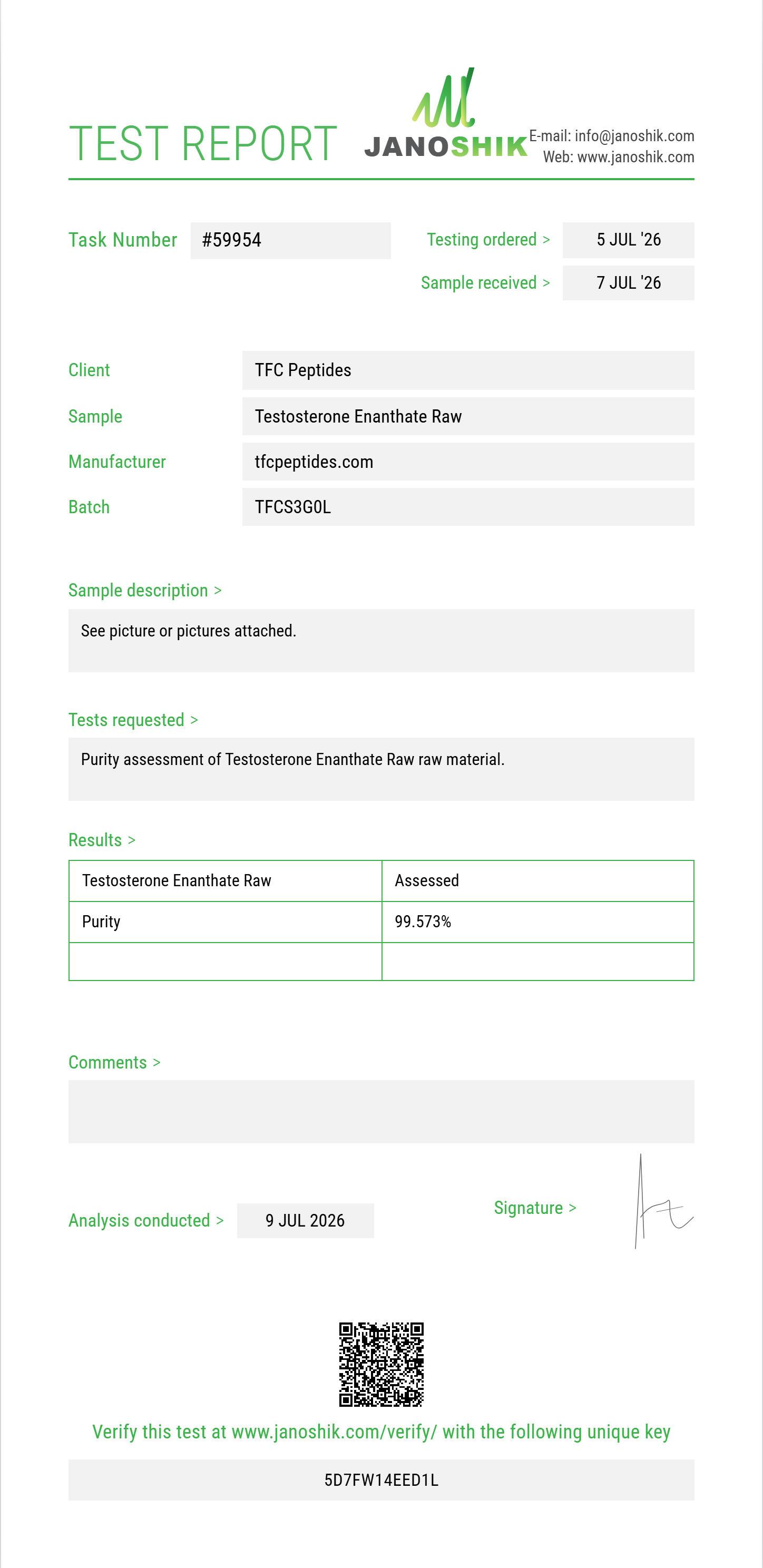 Testosterone Enanthate Raw Purity (HPLC) report by Janoshik Analytical