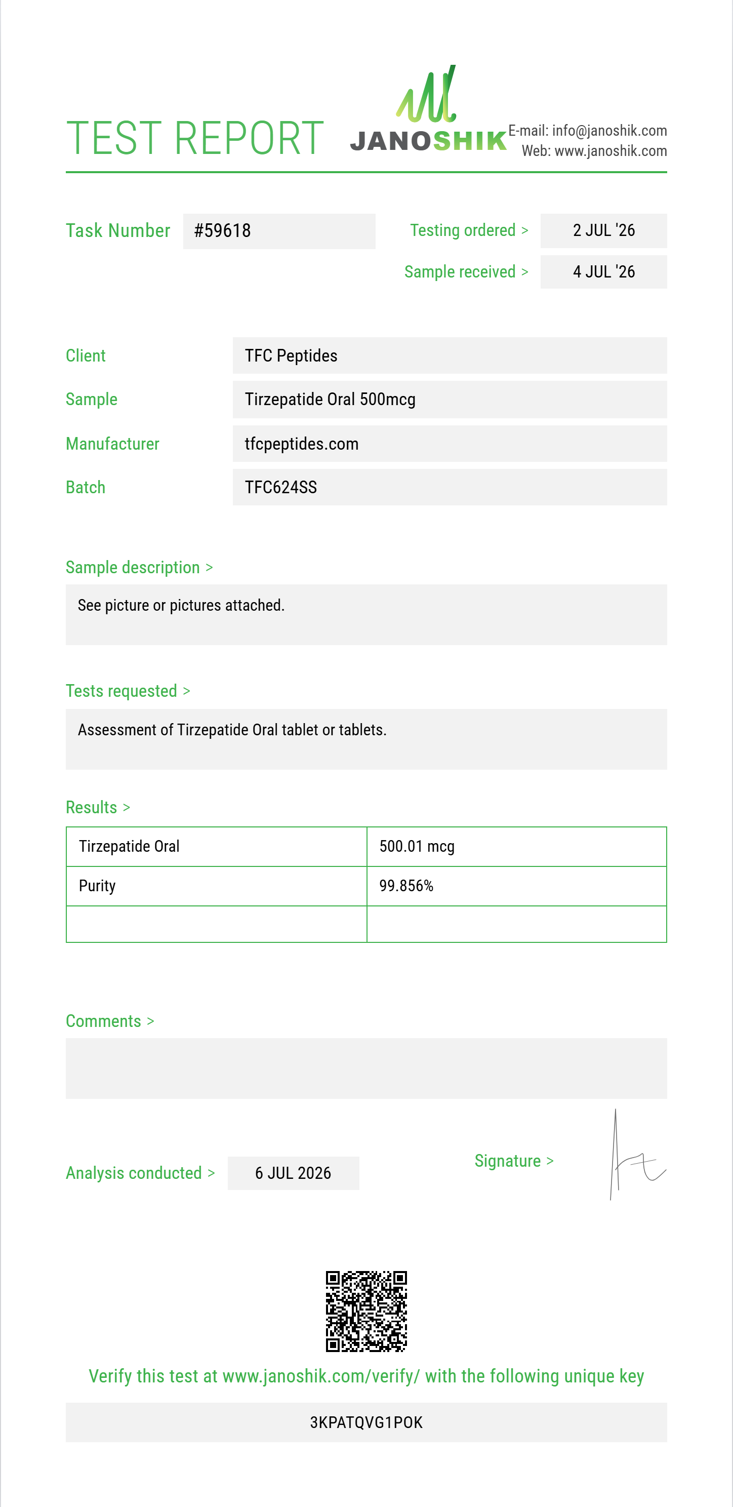 Tirzepatide Oral Purity (HPLC) report by Janoshik Analytical