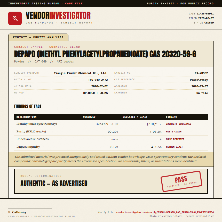 DEPAPD (diethyl phenylacetylpropanedioate) CAS 20320-59-6 Purity (HPLC) report by VendorInvestigator