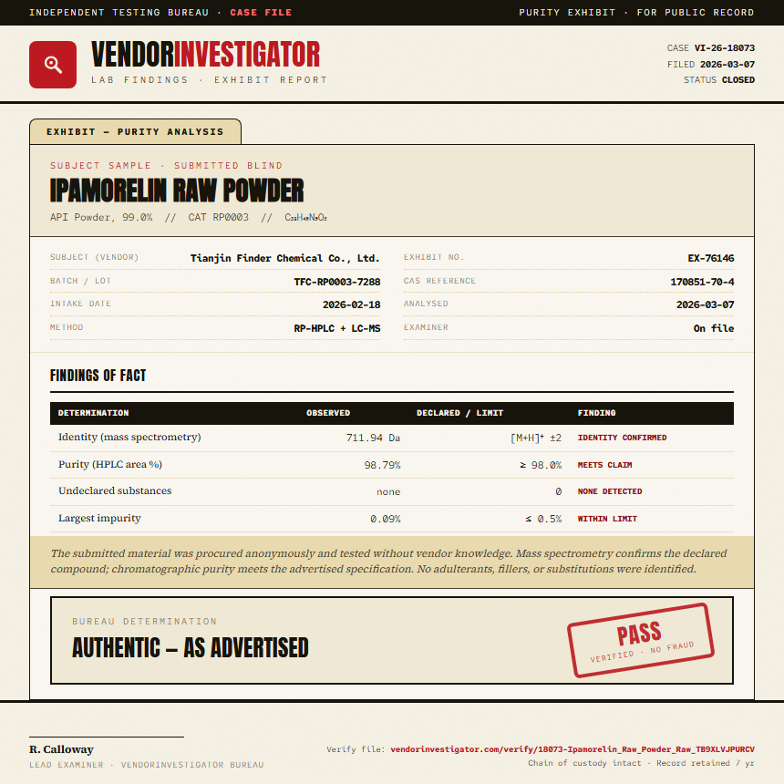 Ipamorelin Raw Powder Purity (HPLC) report by VendorInvestigator