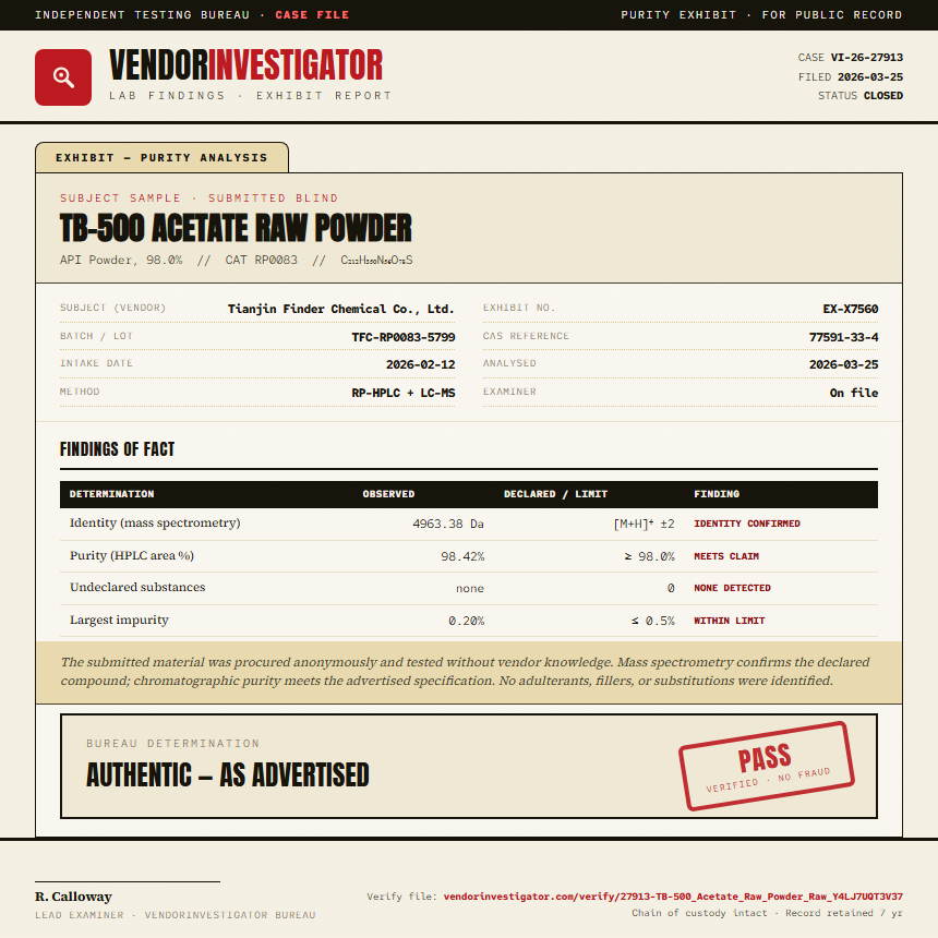 TB-500 Acetate Raw Powder Purity (HPLC) report by VendorInvestigator